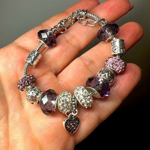 Pandora-style, silver tone purple glass, pink/white rhinestone beaded bracelet! - Picture 12 of 13